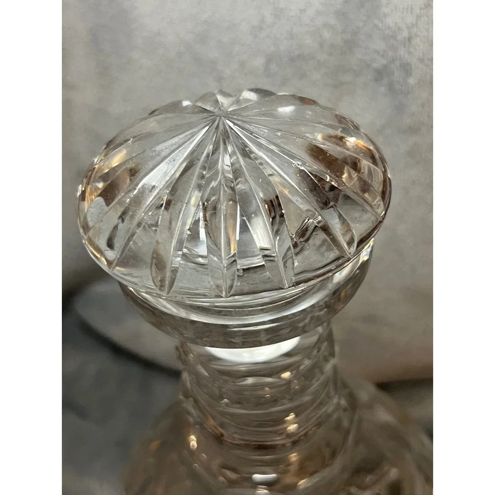 Vintage Cut Crystal Round Decanter w/ Starburst Design & Paneled‎ Stopper